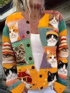 Women'S 3D Printed Crochet Cat Vibrant Colorful Cat Design, Long Sleeve, Button-Up, Round NeckCardigan