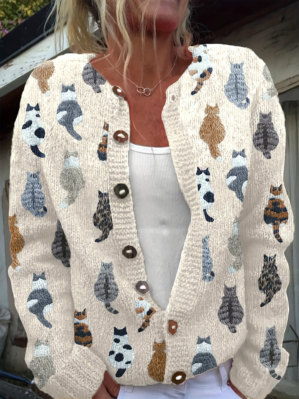 Women's Casual Cat Print Long Sleeve Round Neck Open Front Sweater with Button Closure Cardigan