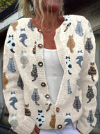 Women's Casual Cat Print Long Sleeve Round Neck Open Front Sweater with Button Closure Cardigan