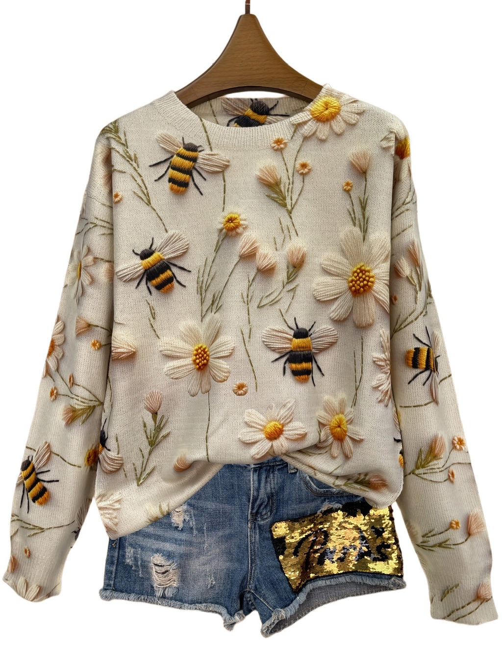 Casual Long Sleeve Sweater For Fall & Winter Floral ＆ Bee Pattern Crew Neck Sweater