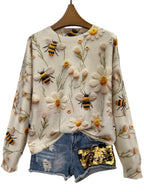 Casual Long Sleeve Sweater For Fall & Winter Floral ＆ Bee Pattern Crew Neck Sweater