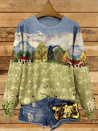All-Over Print Pixel Animation Style Pattern Thin, Casual Crew Neck Long Sleeve Sweater