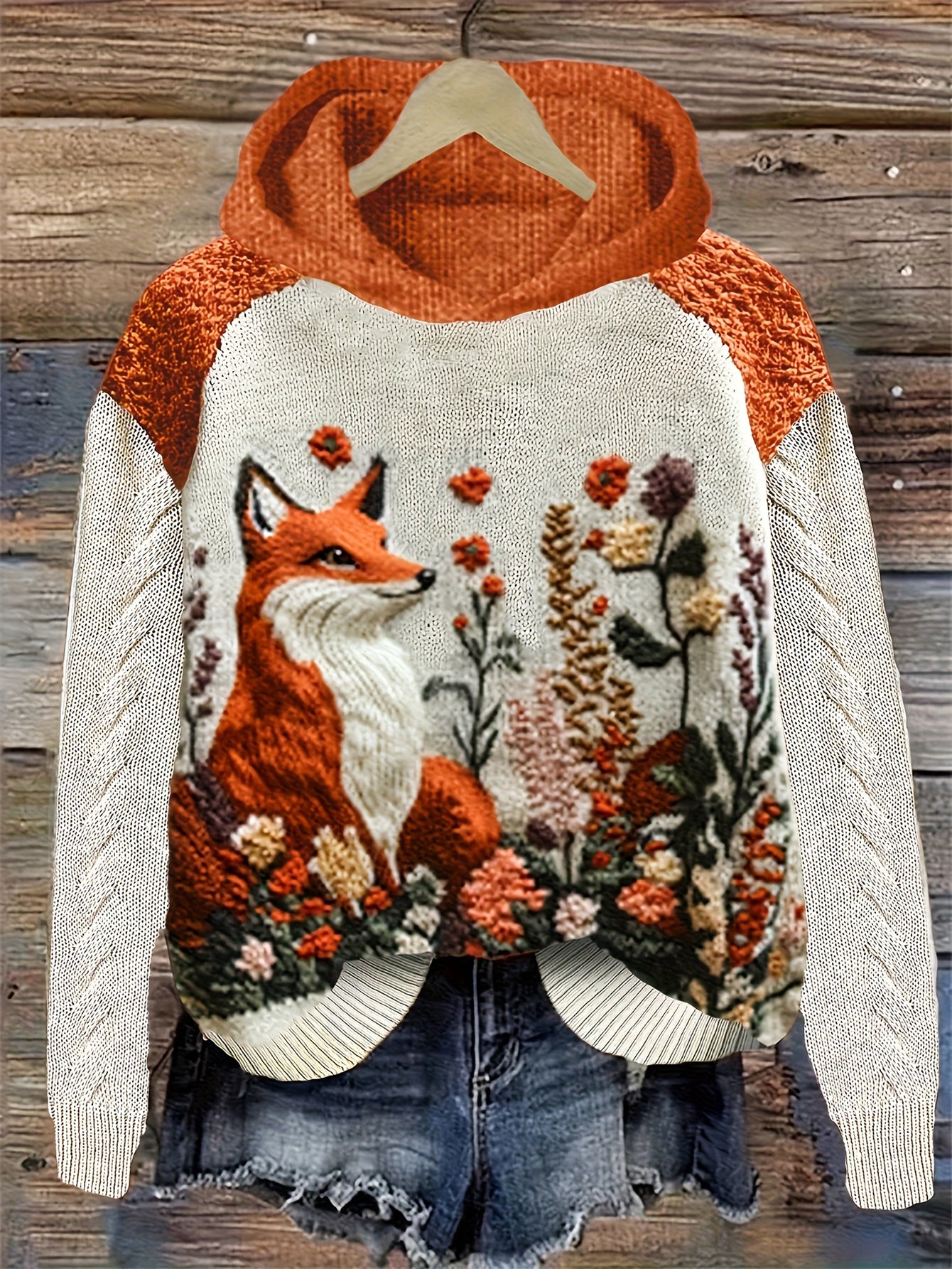 Women'S Cozy Vintage Nordic Fox & Floral Print Hooded Sweater