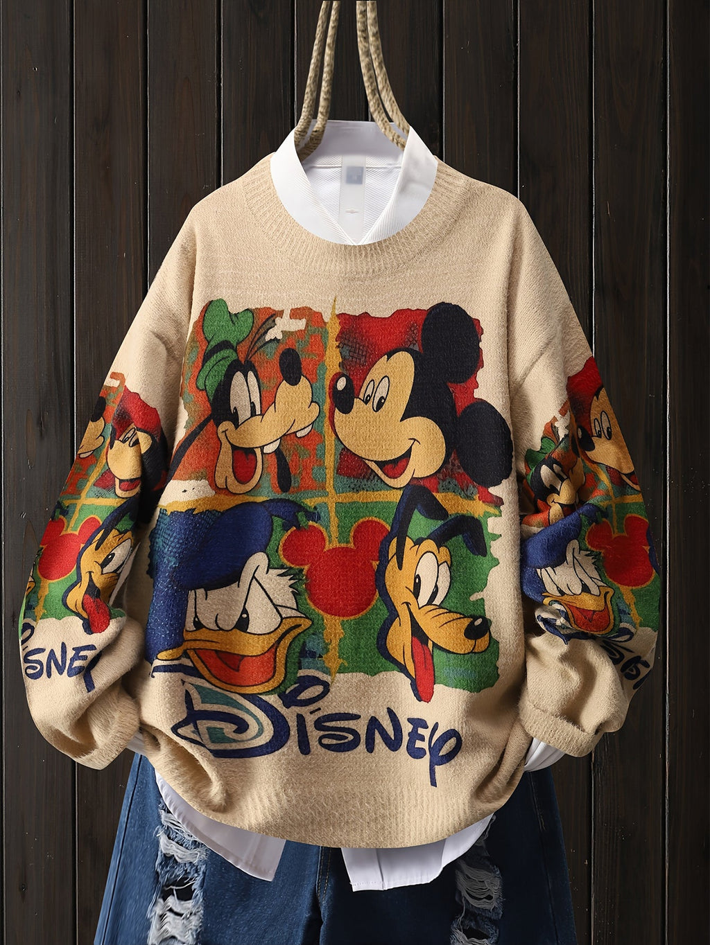 Casual Round Neck Long SleeveMickey Mouse Donald Duck Pluto Cartoon Letter Pattern Sweater