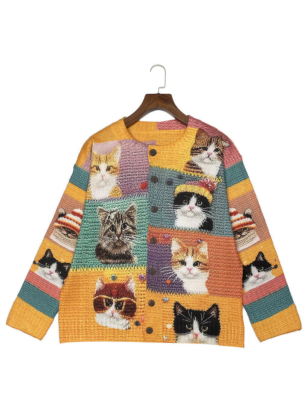 Women'S 3D Printed Crochet Cat Vibrant Colorful Cat Design, Long Sleeve, Button-Up, Round NeckCardigan