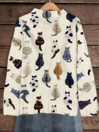 Women's Casual Cat Print Long Sleeve Round Neck Open Front Sweater with Button Closure Cardigan