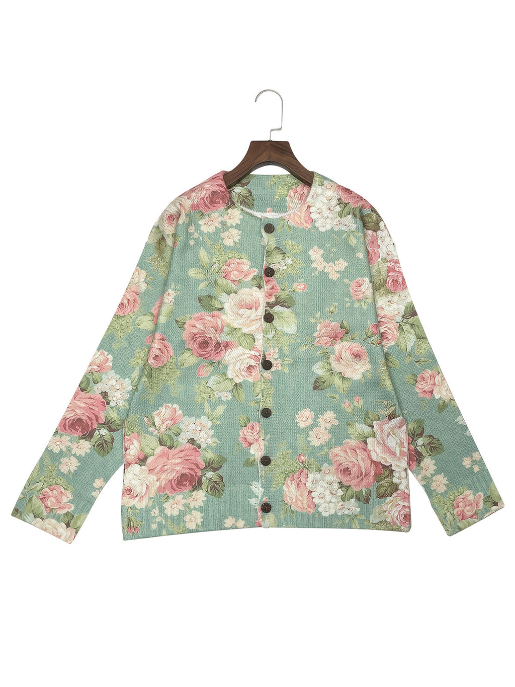 Women's  Fashion Lightweight Button-Front Sweater with All-Over Multicolor Floral Pattern Round Neck  Cardigan