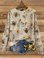 Casual Long Sleeve Sweater For Fall & Winter Floral ＆ Bee Pattern Crew Neck Sweater