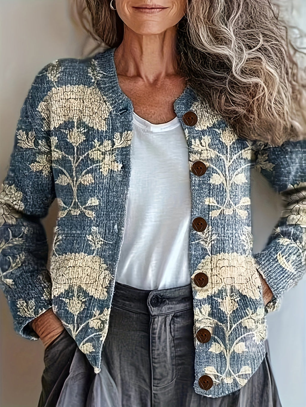 Women's 3D Floral Print Cardigan Round Neck Lightweight Sweater