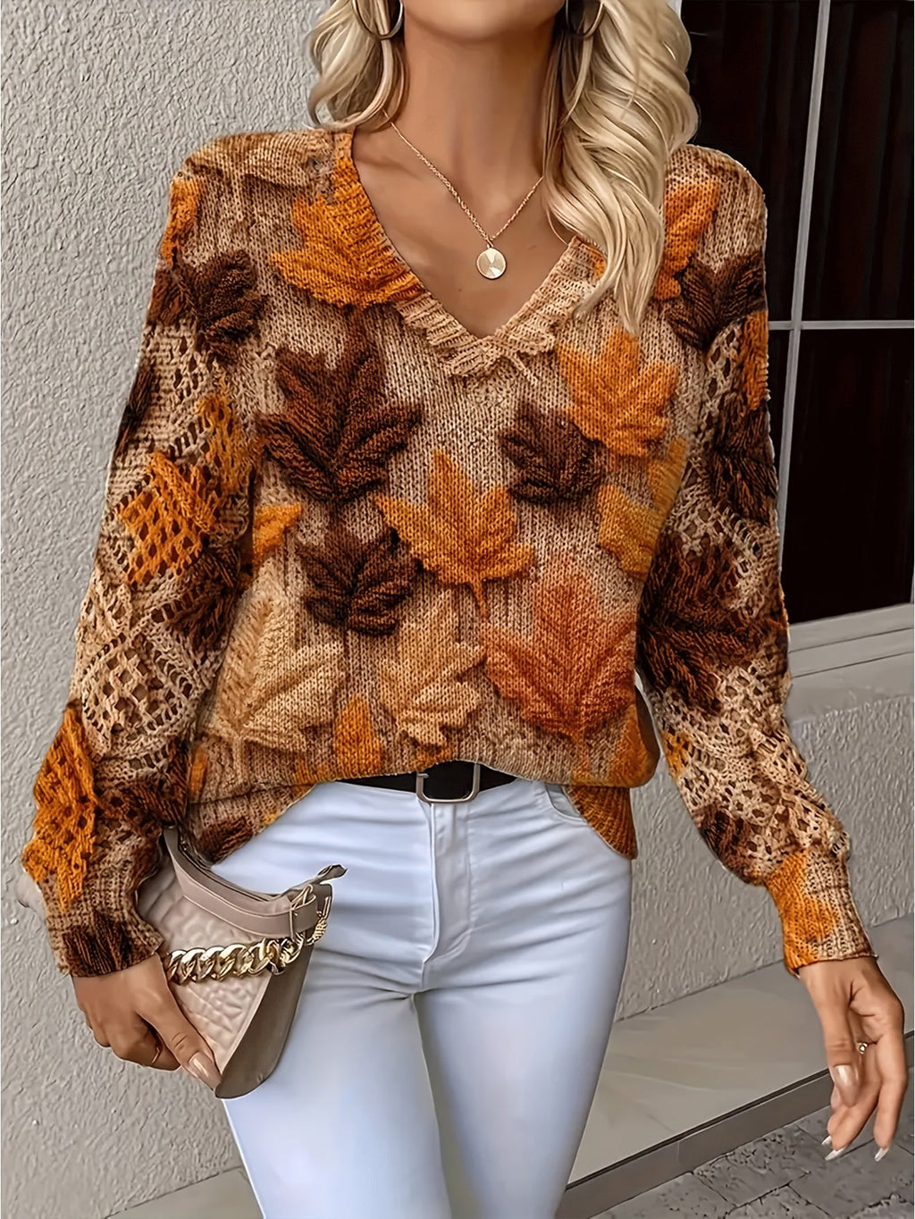 Bohemian Chic V-Neck Long Sleeve with Maple Leaf Digital Print Women's Sweater
