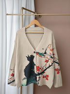 Autumn-Winter V-Neck Loose Fit Cat Print Button-Up Long Sleeve Women's Cardigan
