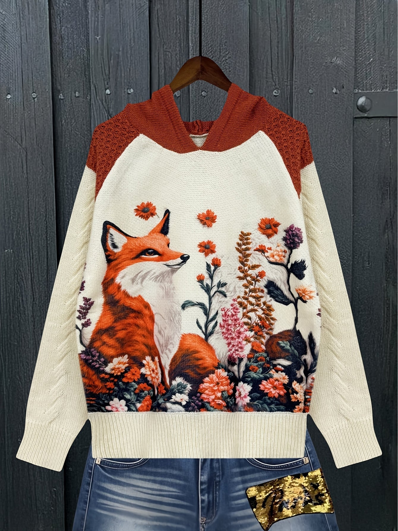 Women'S Cozy Vintage Nordic Fox & Floral Print Hooded Sweater