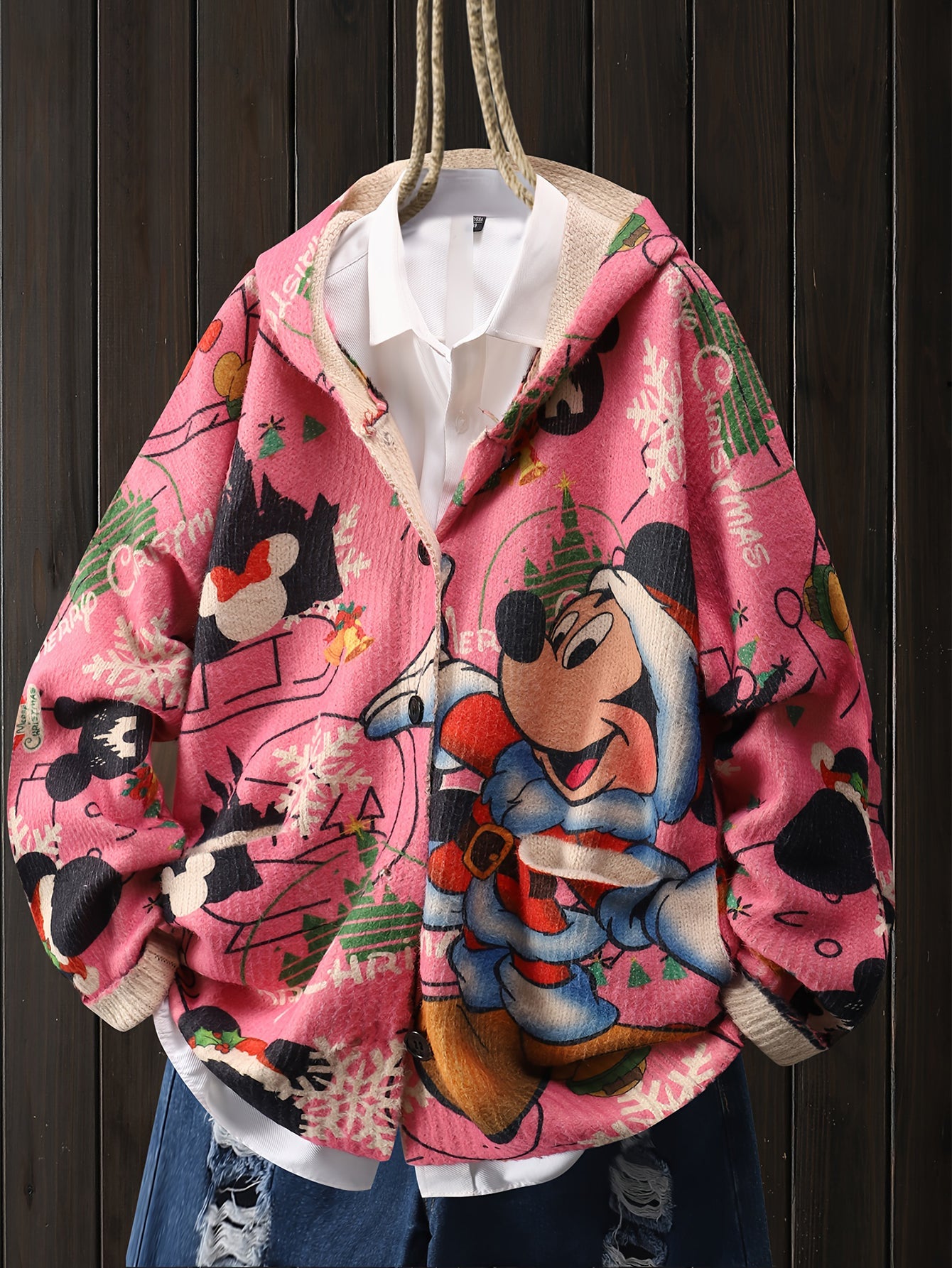Christmas Mickey Mouse Santa Style Snowflake Pattern Reindeer Bell Letter Cardigan