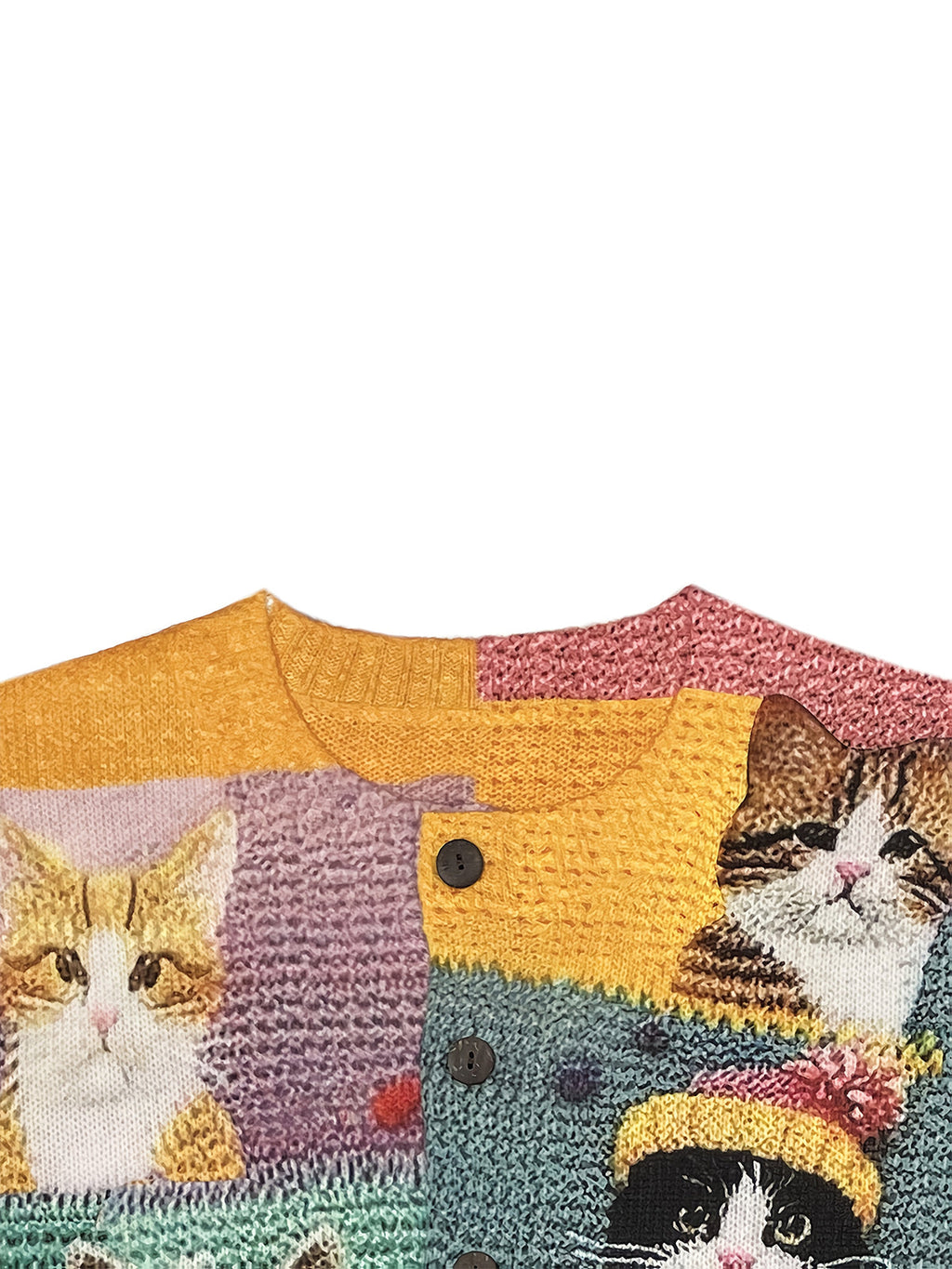 Women'S 3D Printed Crochet Cat Vibrant Colorful Cat Design, Long Sleeve, Button-Up, Round NeckCardigan
