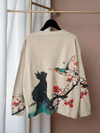Autumn-Winter V-Neck Loose Fit Cat Print Button-Up Long Sleeve Women's Cardigan