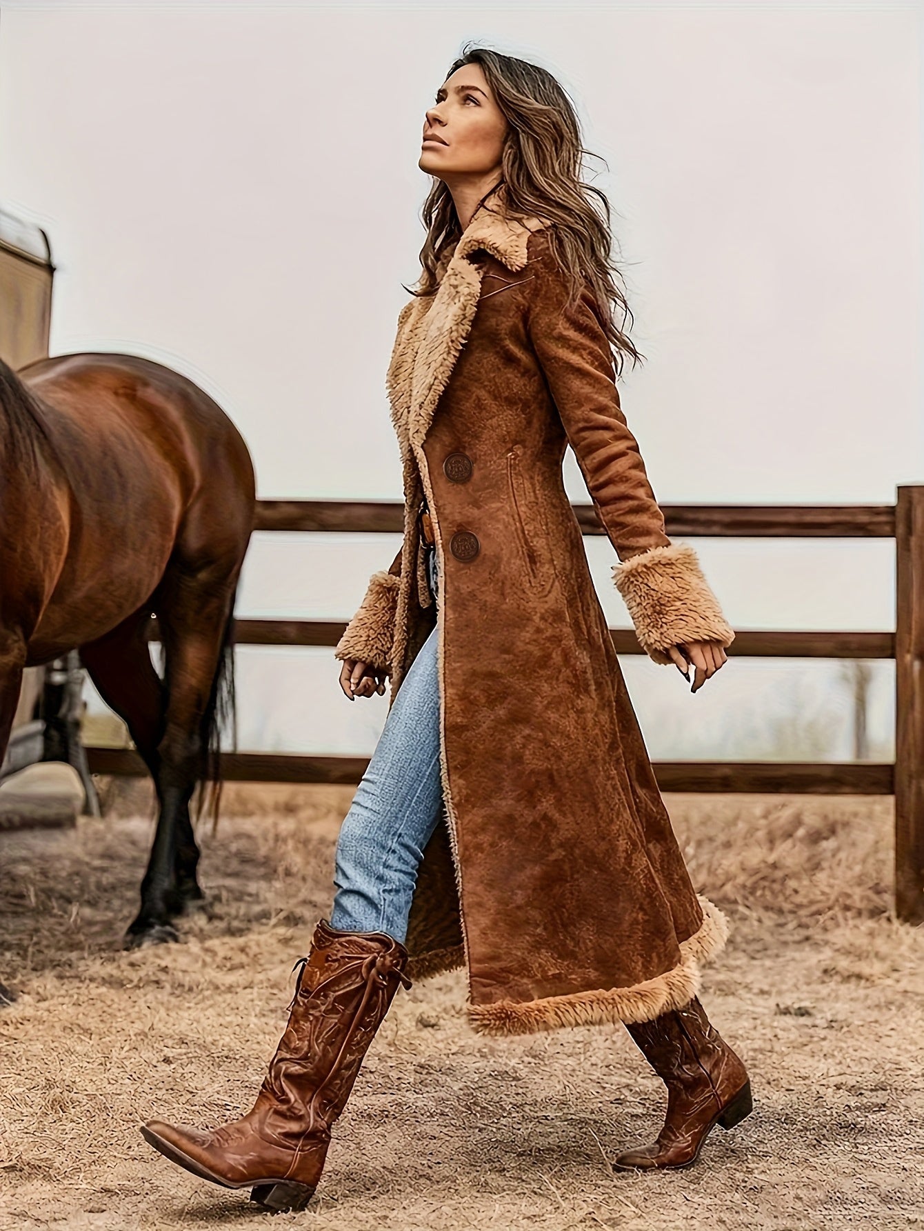 Women'S Western Vintage Plush Trench Coat