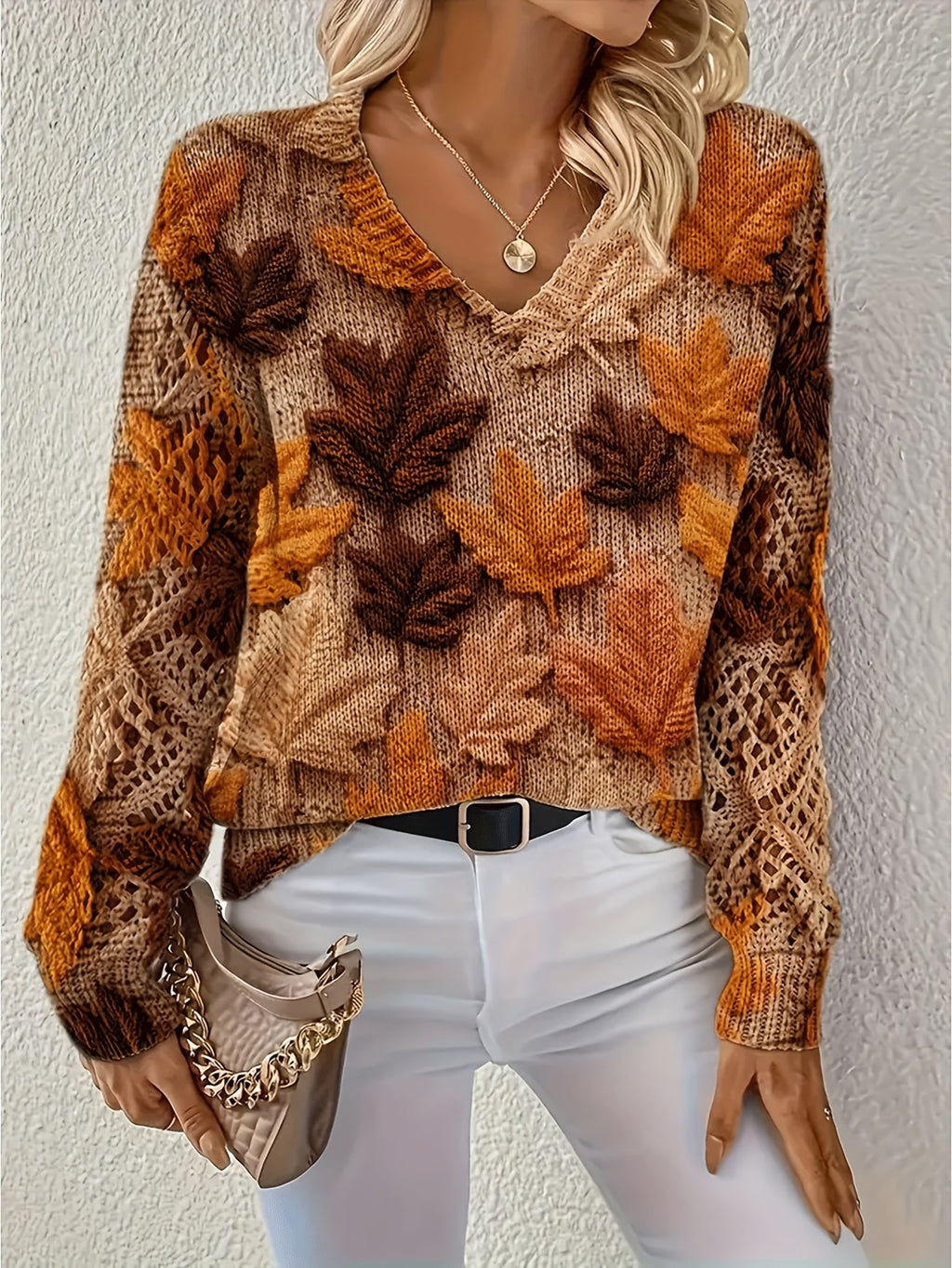 Bohemian Chic V-Neck Long Sleeve with Maple Leaf Digital Print Women's Sweater