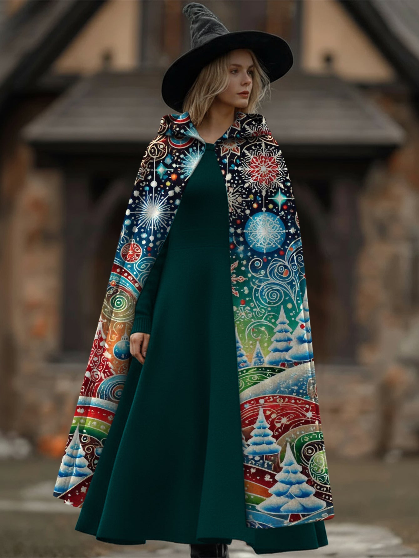 Christmas Print Hooded Casual Loose Cape
