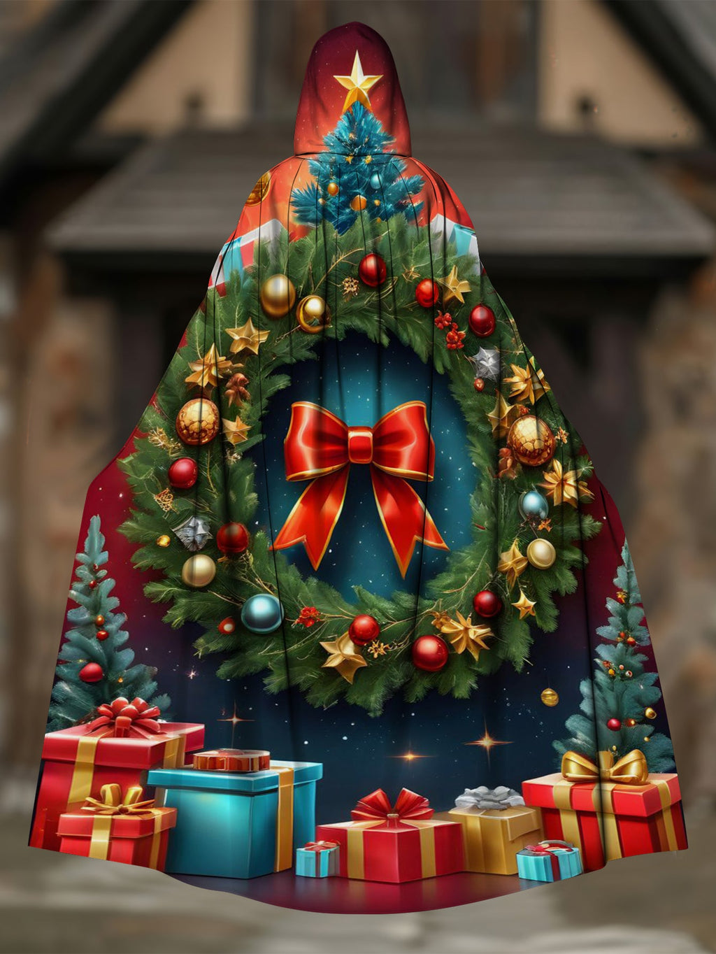 Christmas Bell Print Casual Hooded Cape