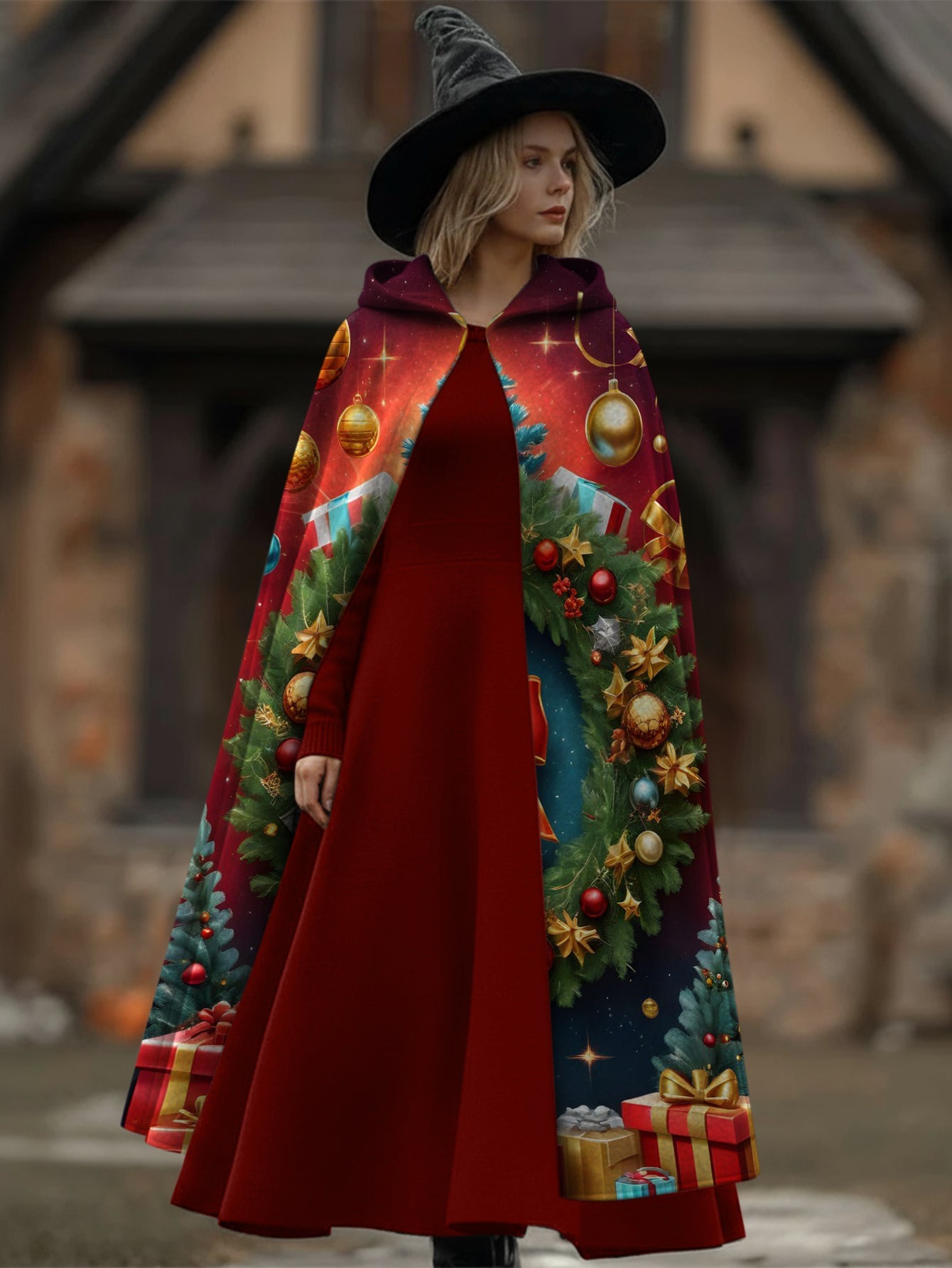 Christmas Bell Print Casual Hooded Cape