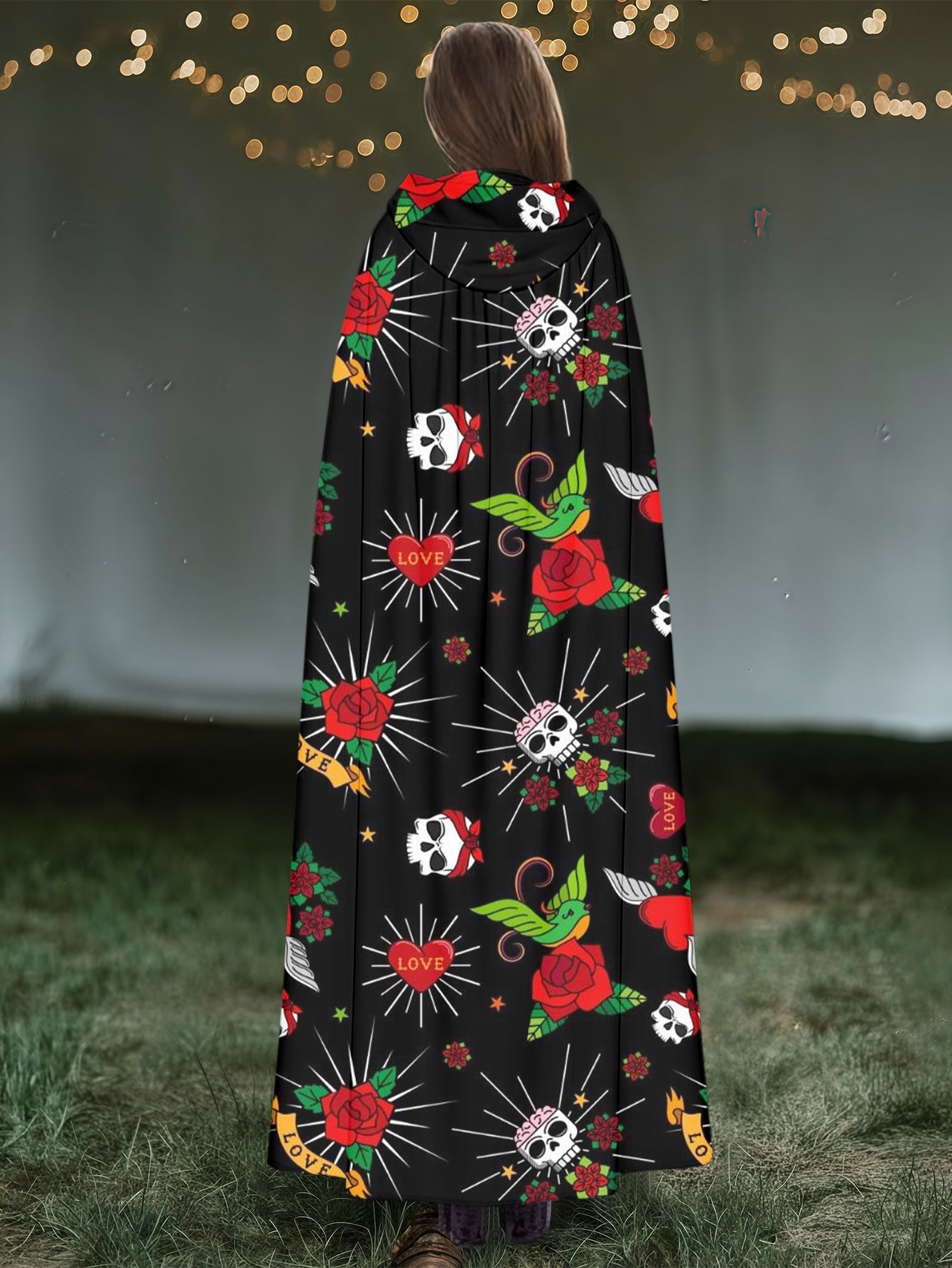 Love Rose Skull Print Hooded Cape