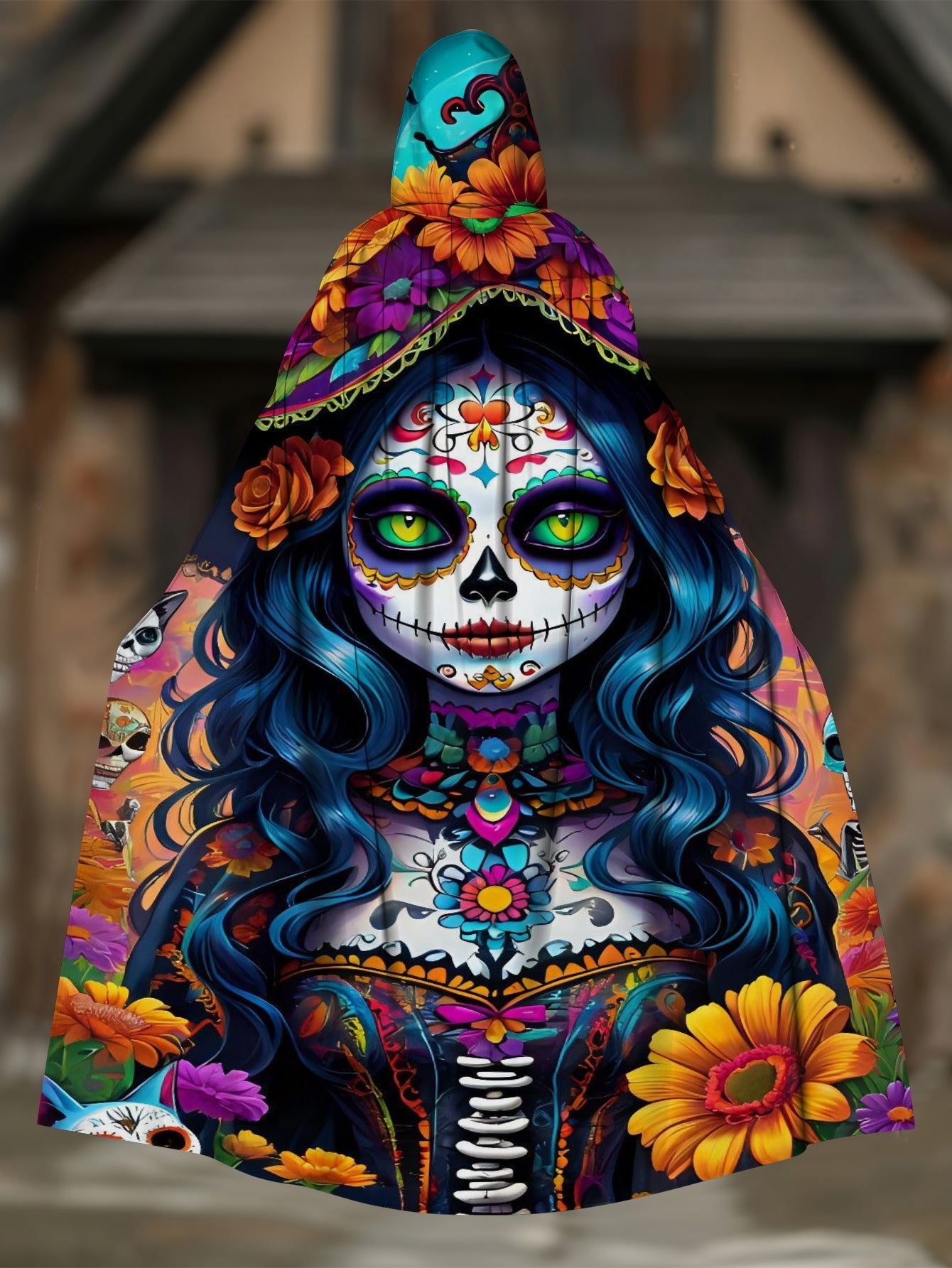 Fun Skull Girl Print Hooded Cape