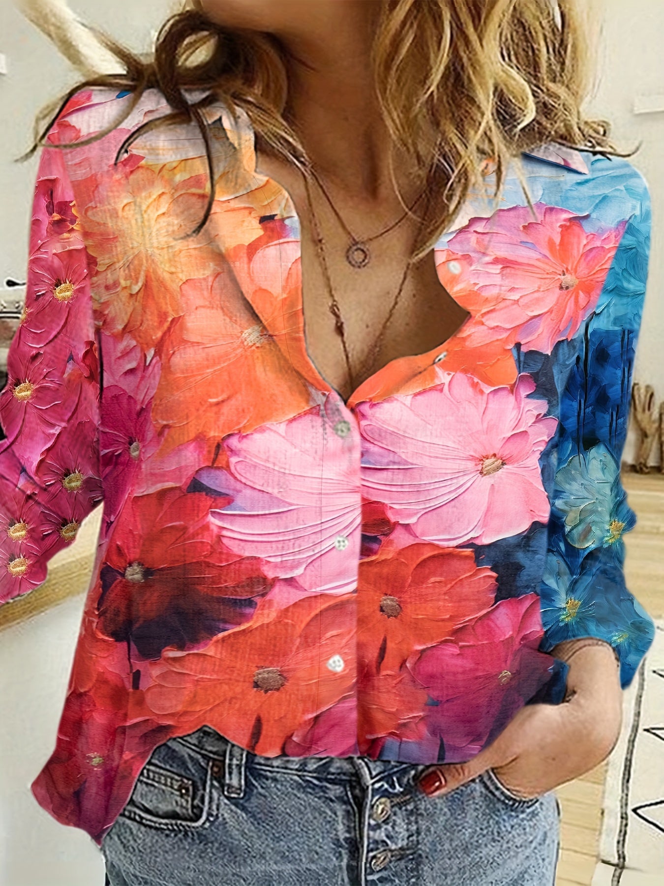 Contrasting elegant long-sleeved lapel floral print shirt Random shipment