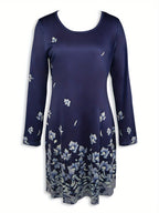 Printed waist-cinching A-line round neck floral print contrasting color long-sleeved dress Random shipment