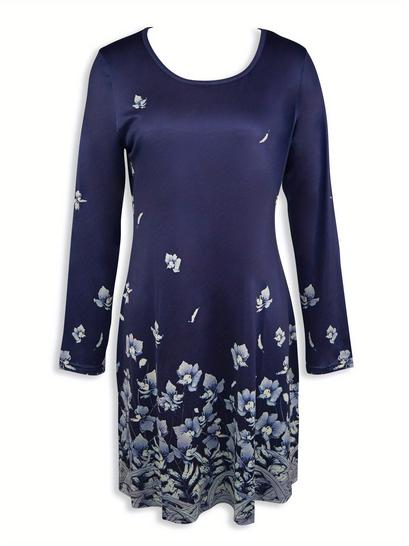 Printed waist-cinching A-line round neck floral print contrasting color long-sleeved dress Random shipment