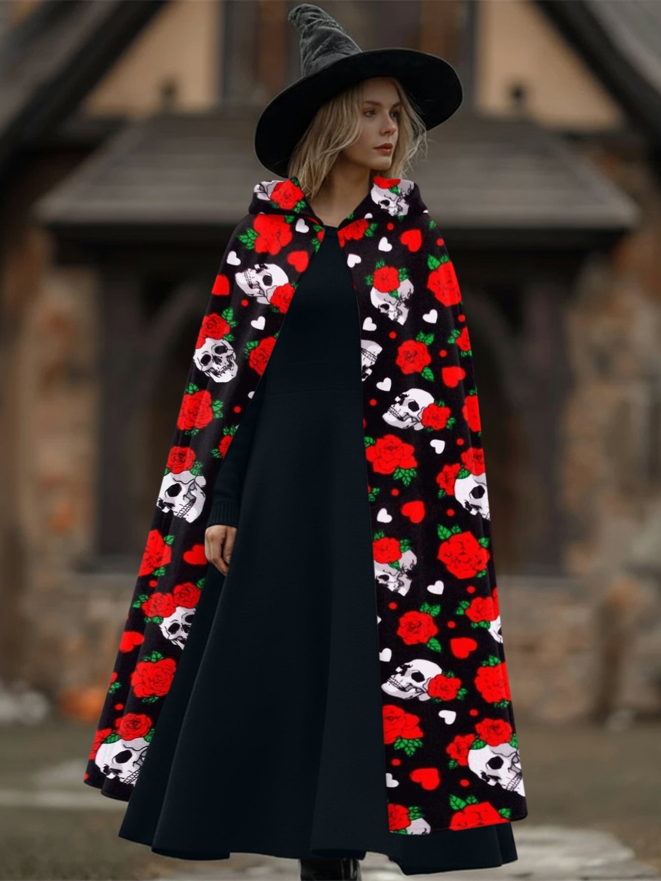 Rose And Skull Print  Cape