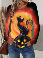 Halloween round-neck long-sleeved T-shirt with cat, pumpkin and animal prints Random shipment