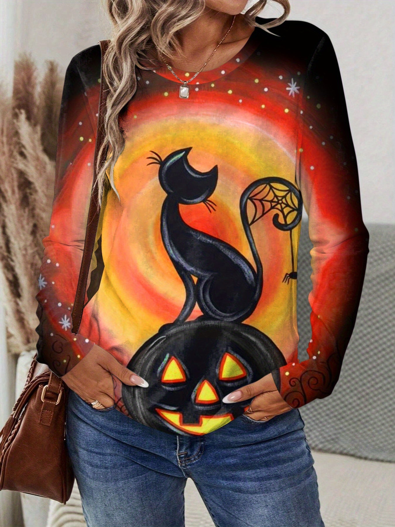 Halloween round-neck long-sleeved T-shirt with cat, pumpkin and animal prints Random shipment