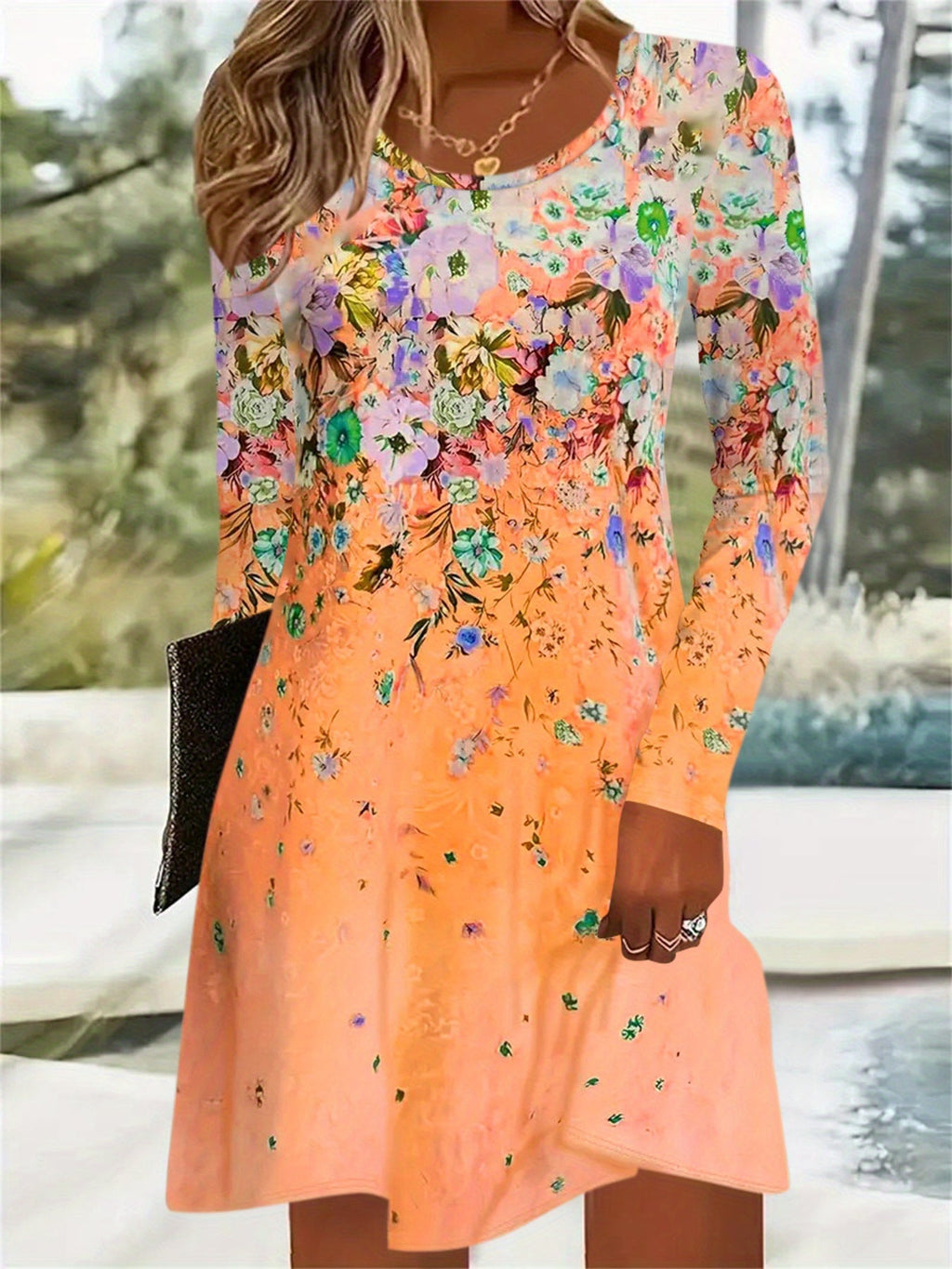 Waist-cinching long-sleeved A-line gradient flower print dress Random shipment