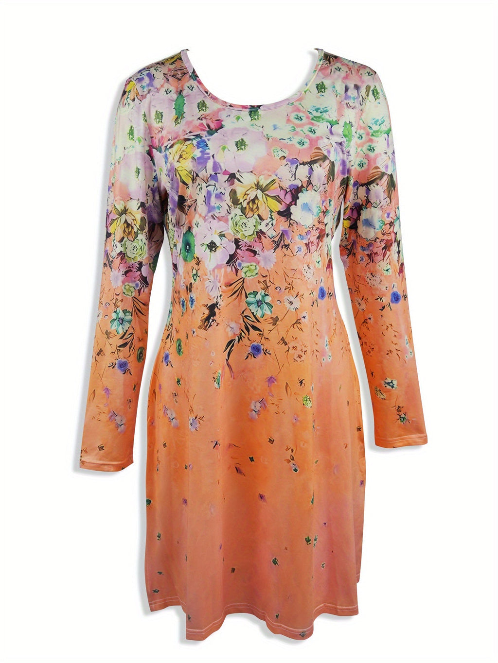 Waist-cinching long-sleeved A-line gradient flower print dress Random shipment