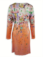 Waist-cinching long-sleeved A-line gradient flower print dress Random shipment