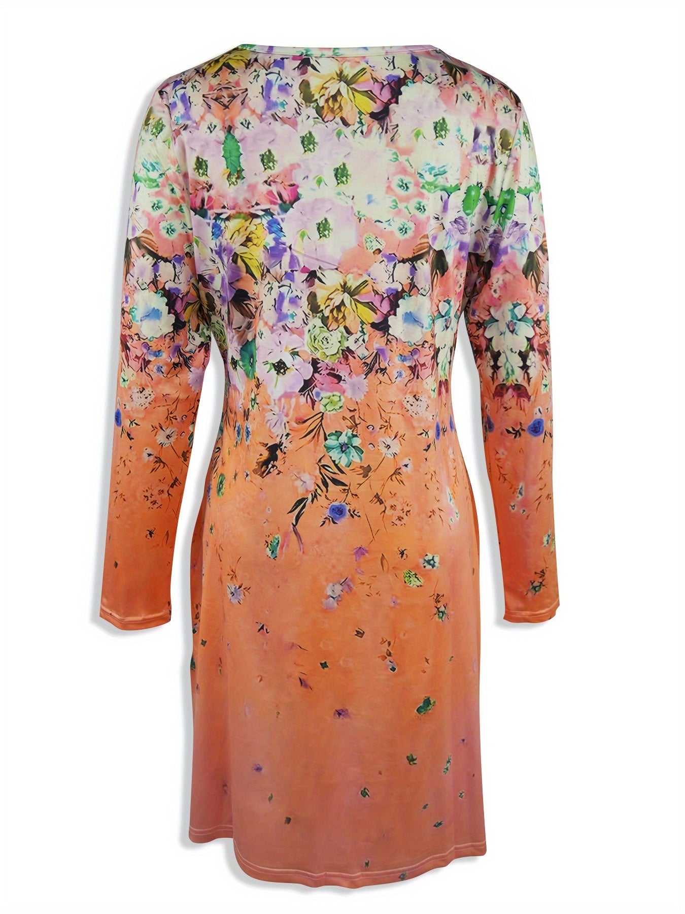 Waist-cinching long-sleeved A-line gradient flower print dress Random shipment