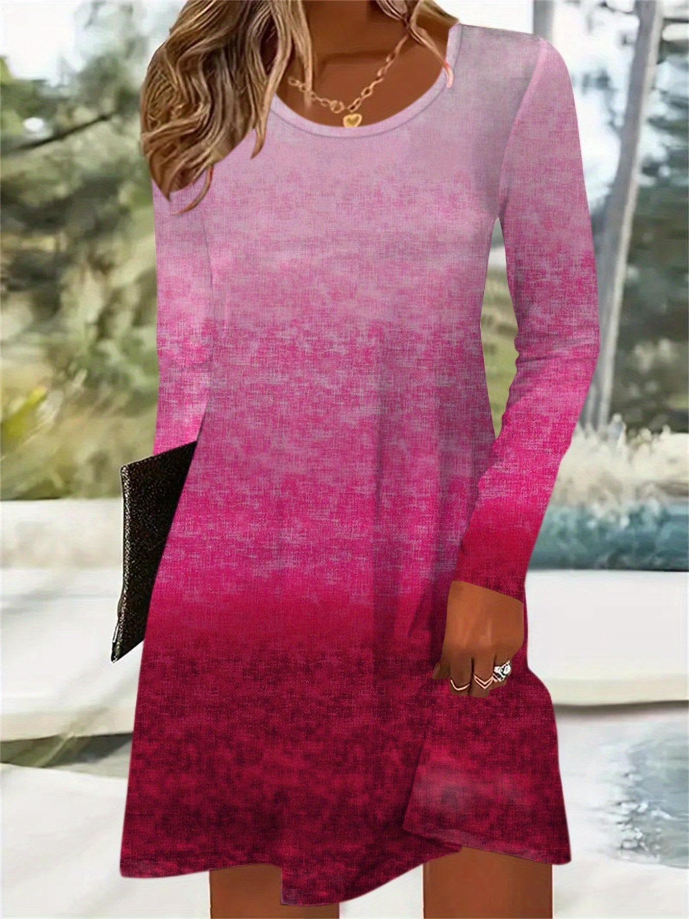 A hem gradient cinched waist print contrasting long-sleeved dress Random shipment