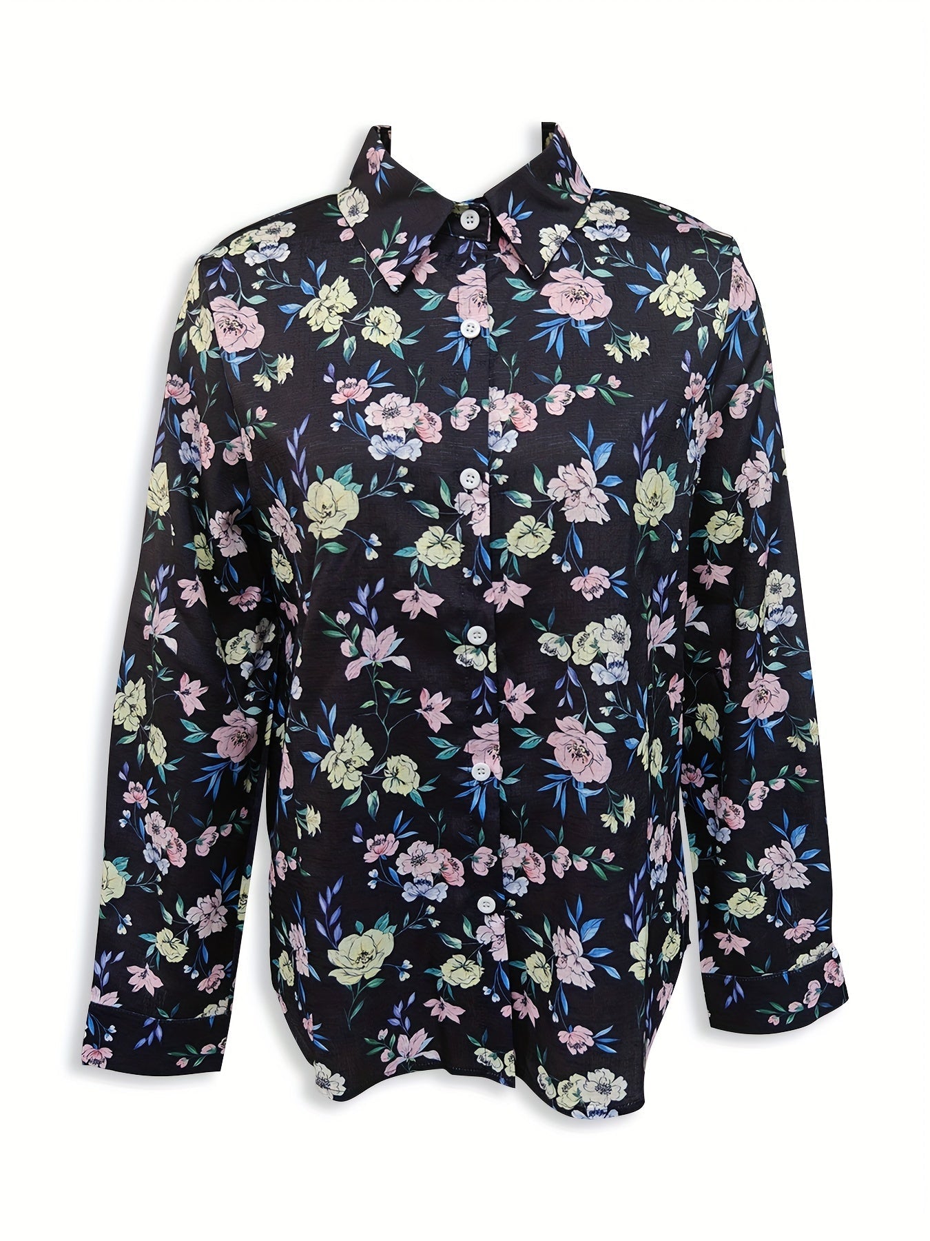 Contrasting floral, long-sleeved buttons, elegant lapel blouse Random shipment