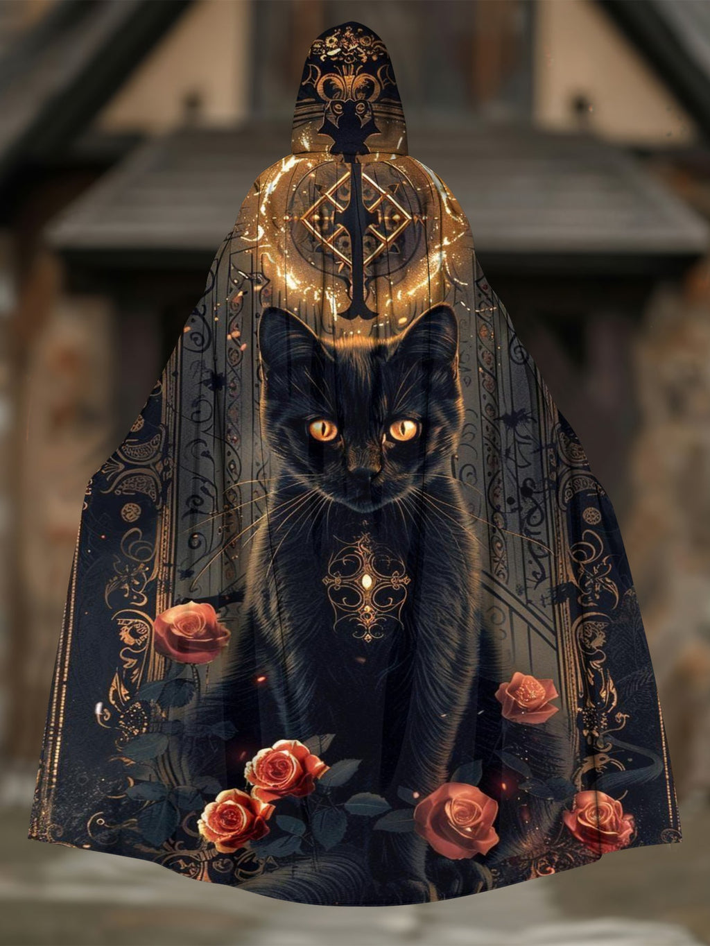Mysterious Cat Floral Print Cape