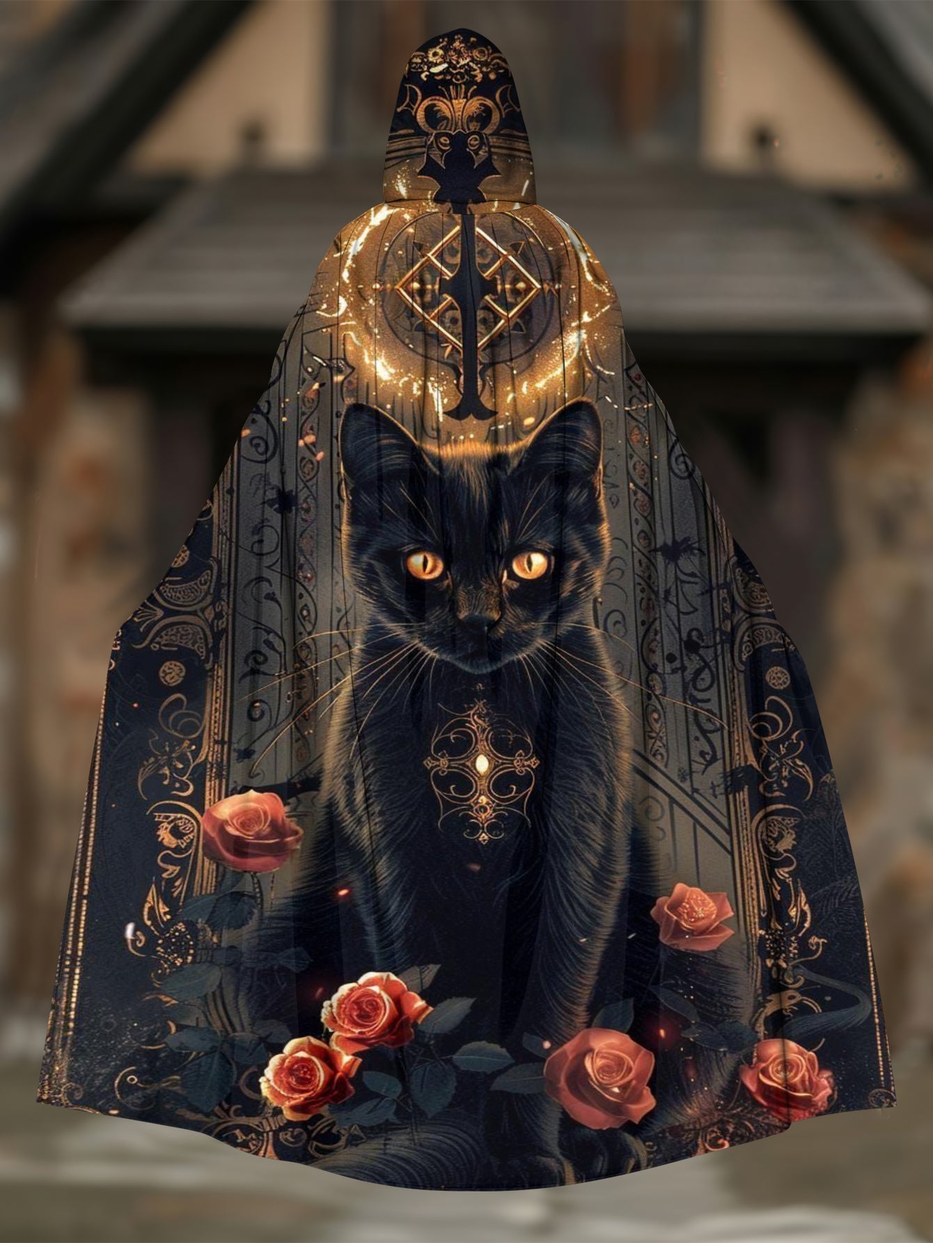 Mysterious Cat Floral Print Cape