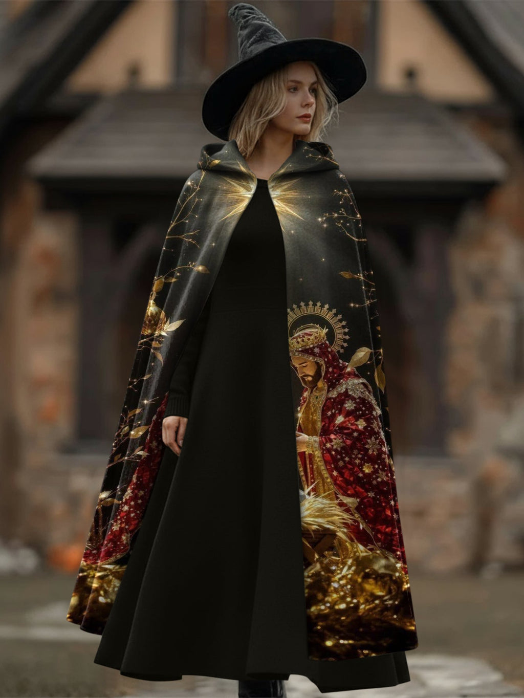 Religious Print Hooded Long Cape