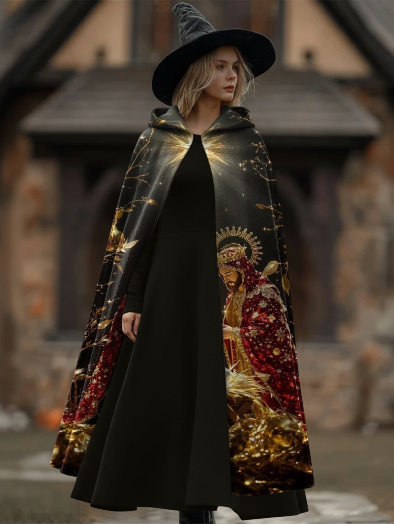 Religious Print Hooded Long Cape