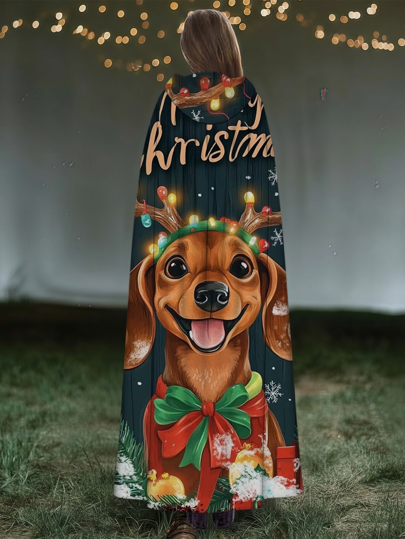 Christmas Puppy Print Hooded Cape