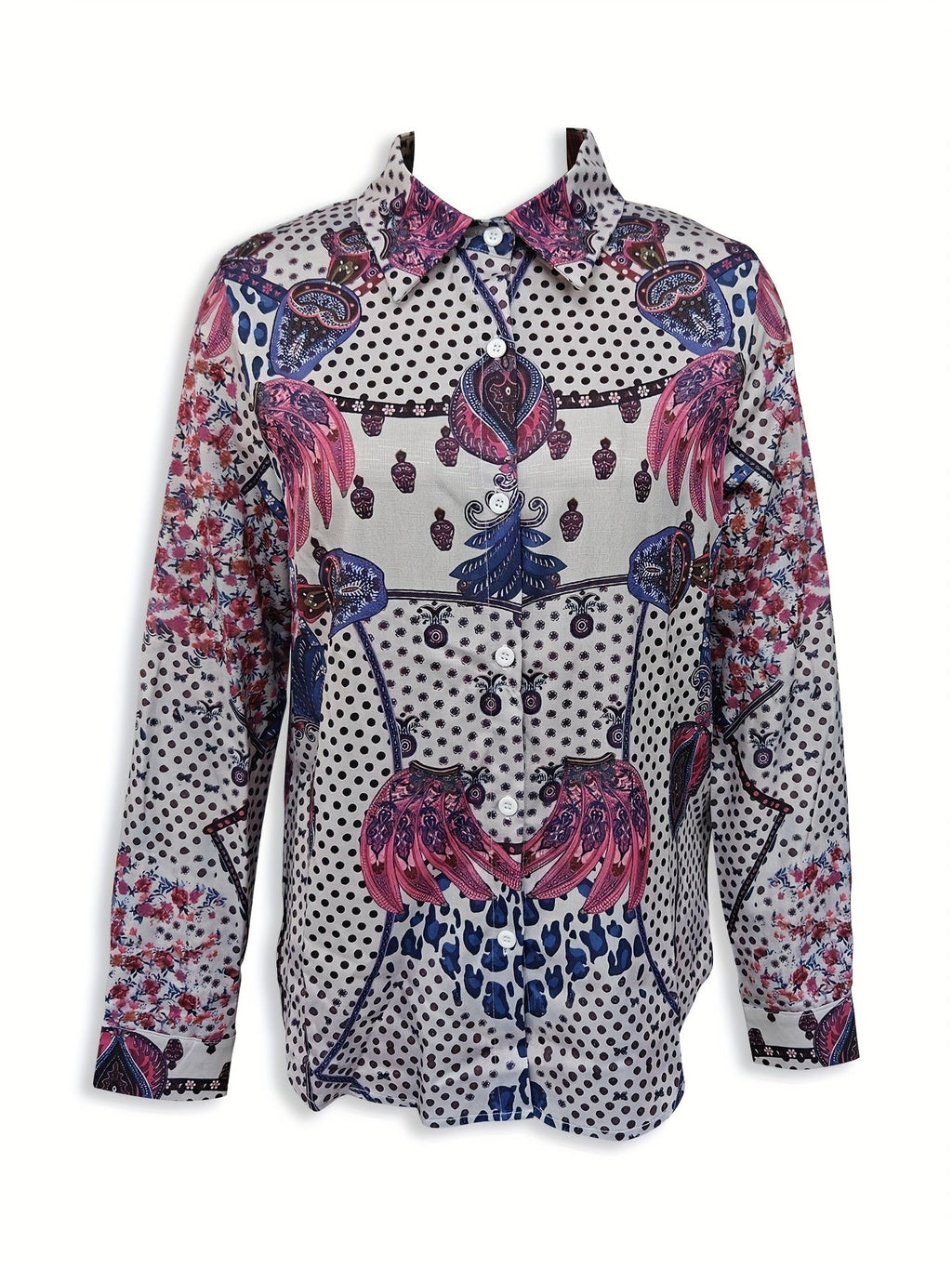 Women's blouse with a long sleeve roll-neck floral pattern with a fun print of buttons Random shipment