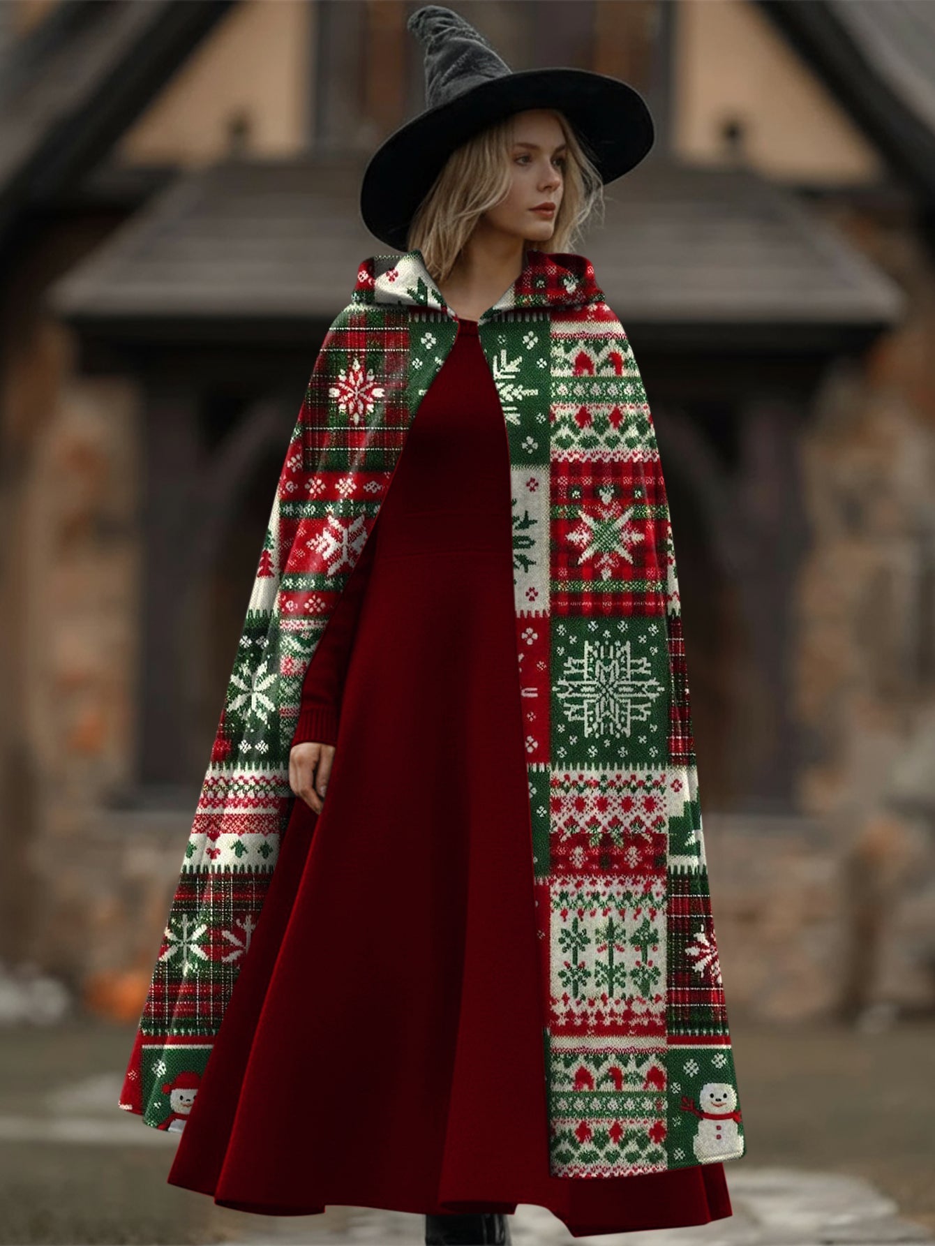 Christmas Fake Hooded Print Cape Cloak