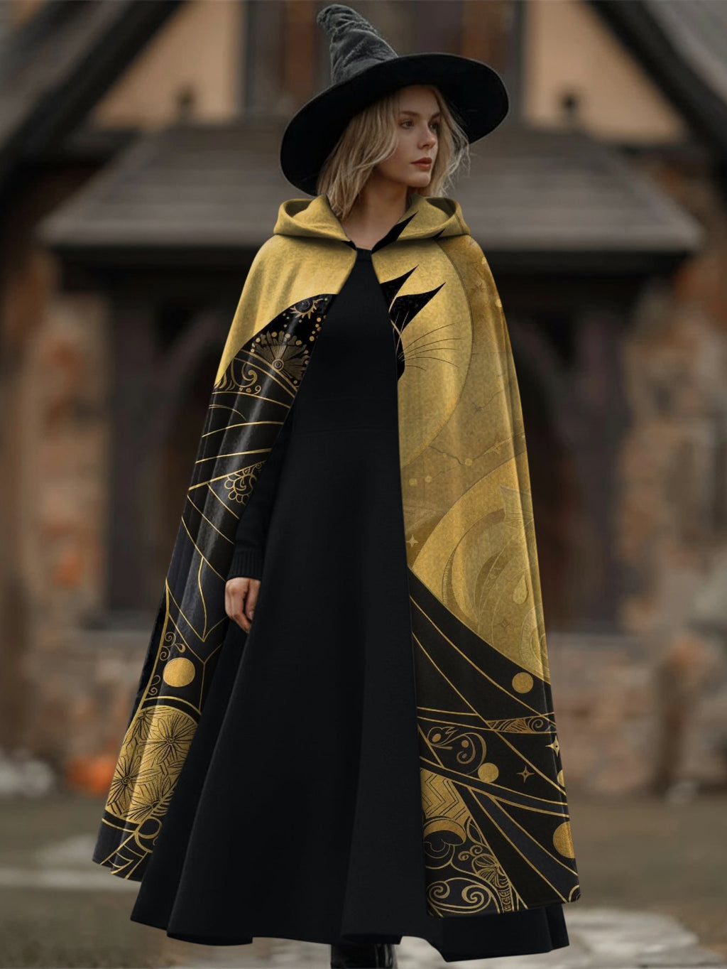Cat Print Hooded Cartoon Long Cape Cloak