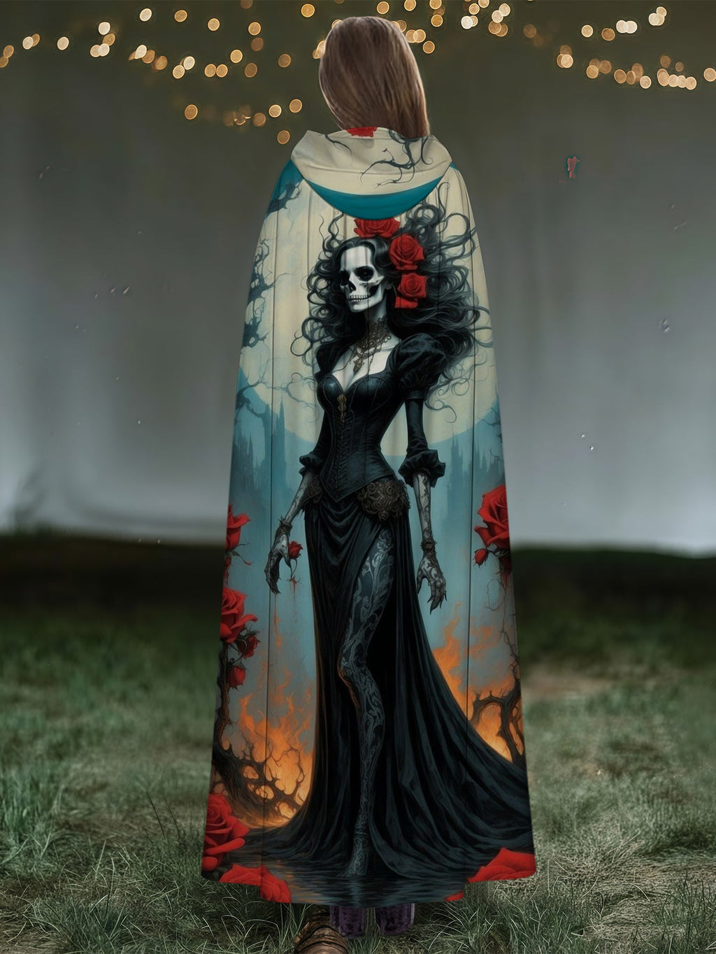 Skull Rose Girl Print Hooded Cape Cloak