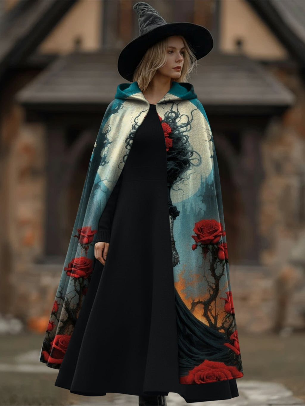 Skull Rose Girl Print Hooded Cape Cloak