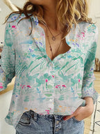 Elegantly printed lapel long-sleeved floral button shirt Random shipment