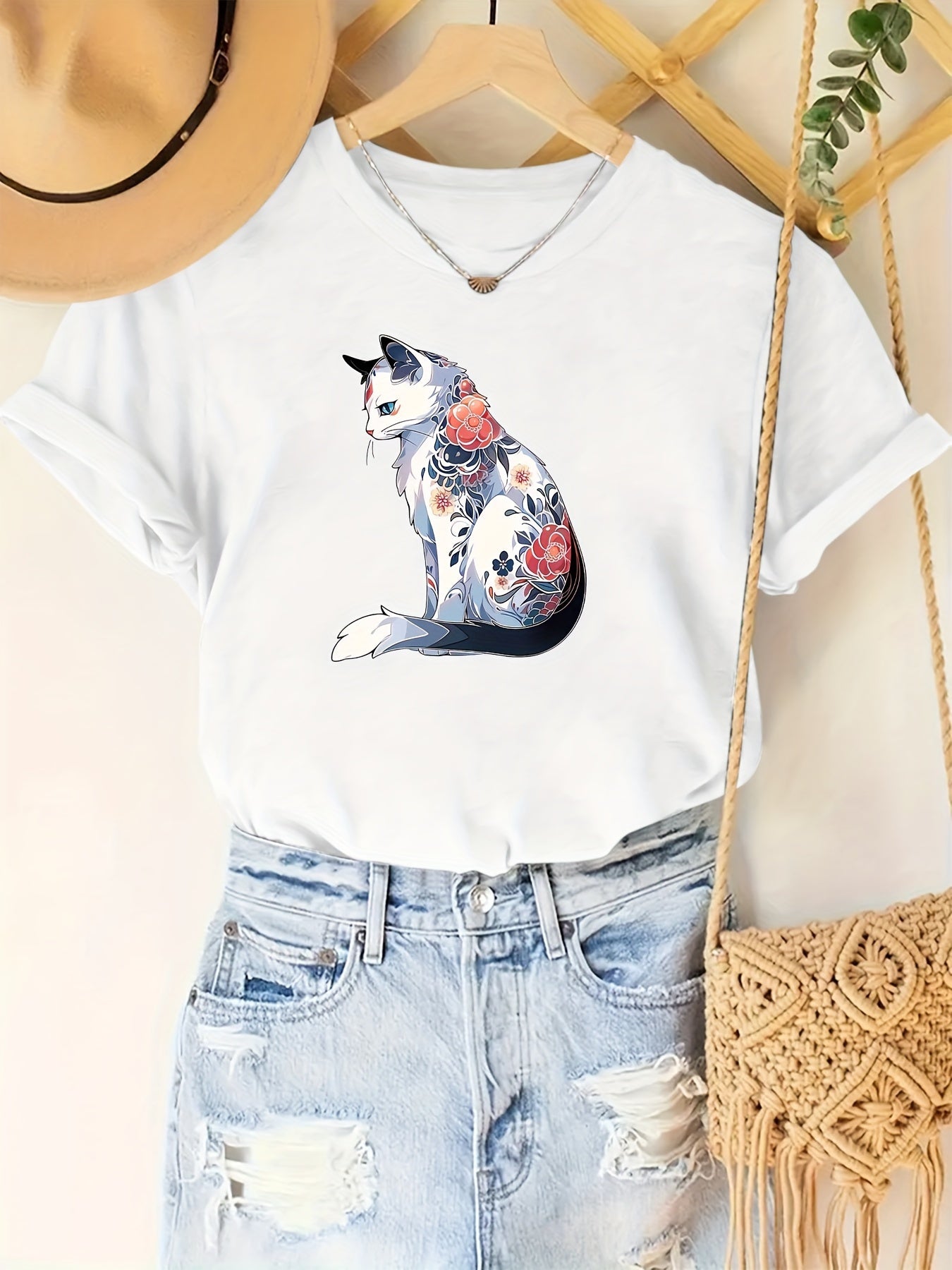 Fun print anime cat summer short sleeve vacation casual print top t-shirt Random shipment